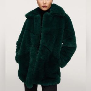 Mango Oversized Faux Fur Coat Green